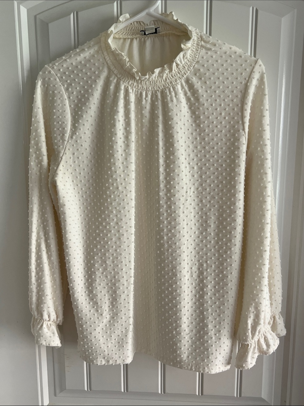 J. Crew Cream Swiss Dot Ruffle Mock Neck Long Sleeve Top